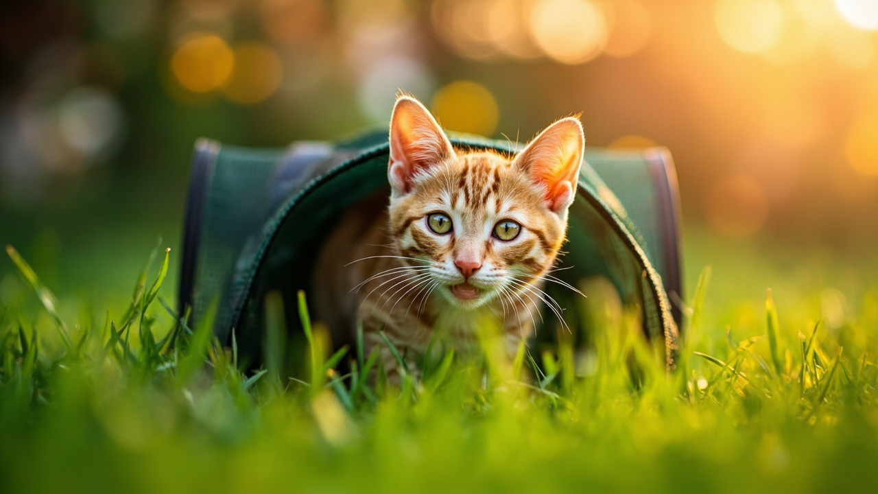 Cat emerging from Bigger World tunnel in the grass