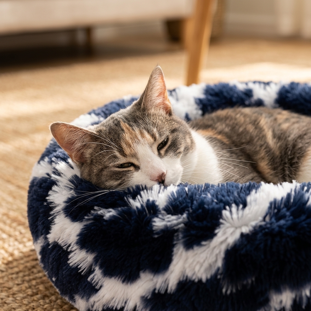 Cat resting in Tie Dye Blue donut pet bed close up