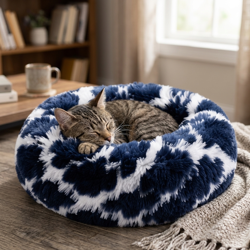Cat lounging comfortably in Tie Dye Blue donut pet bed