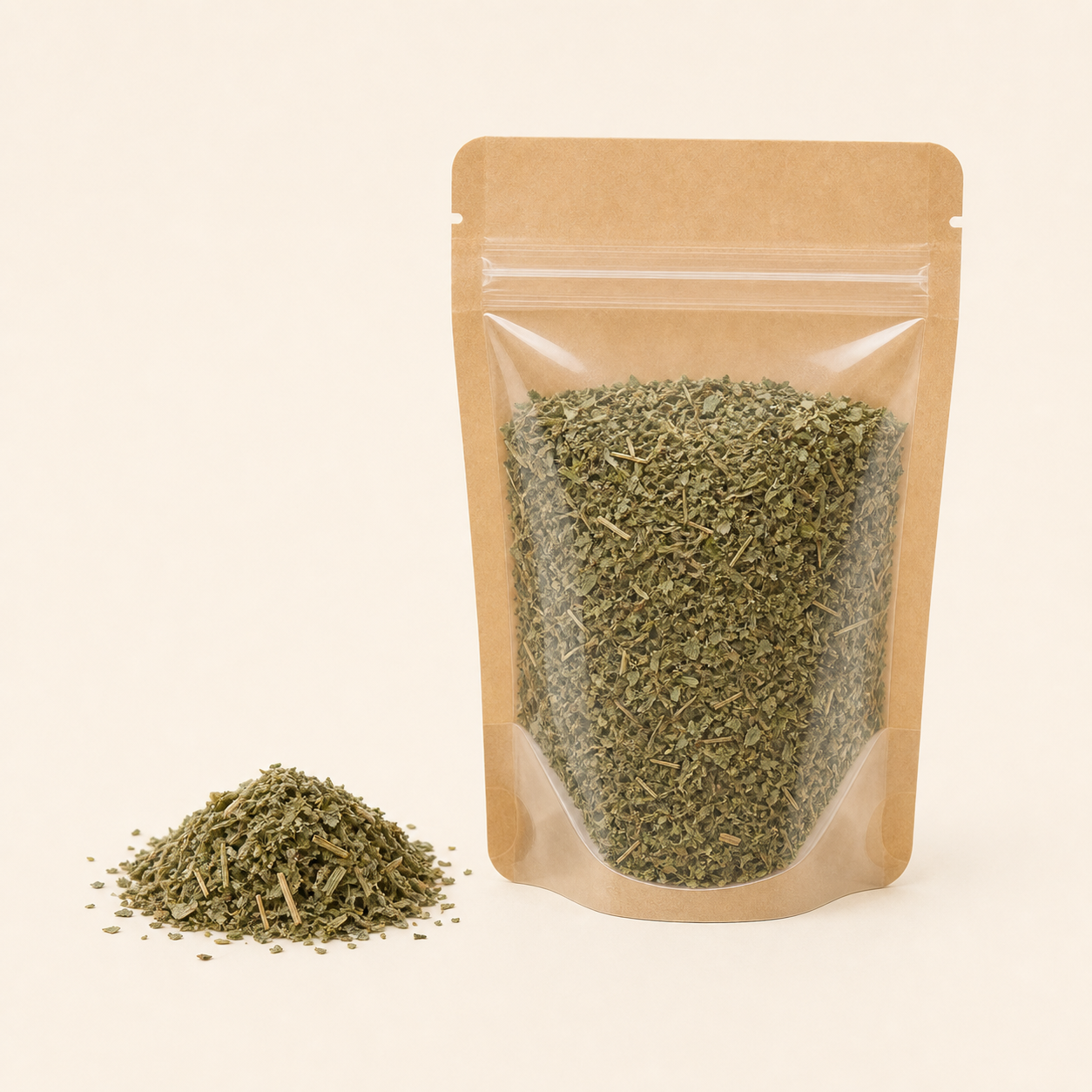 Dried catnip in a resealable pouch