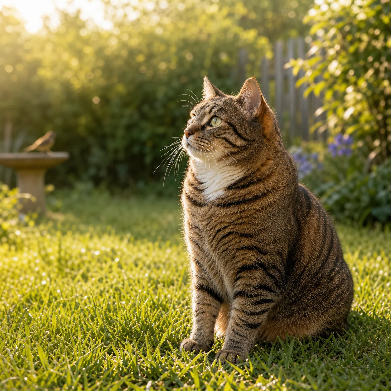 Tabby cat sitting in the grass at golden hour, watching a bird