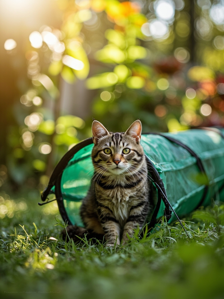 Cat in tunnel in backyard setting